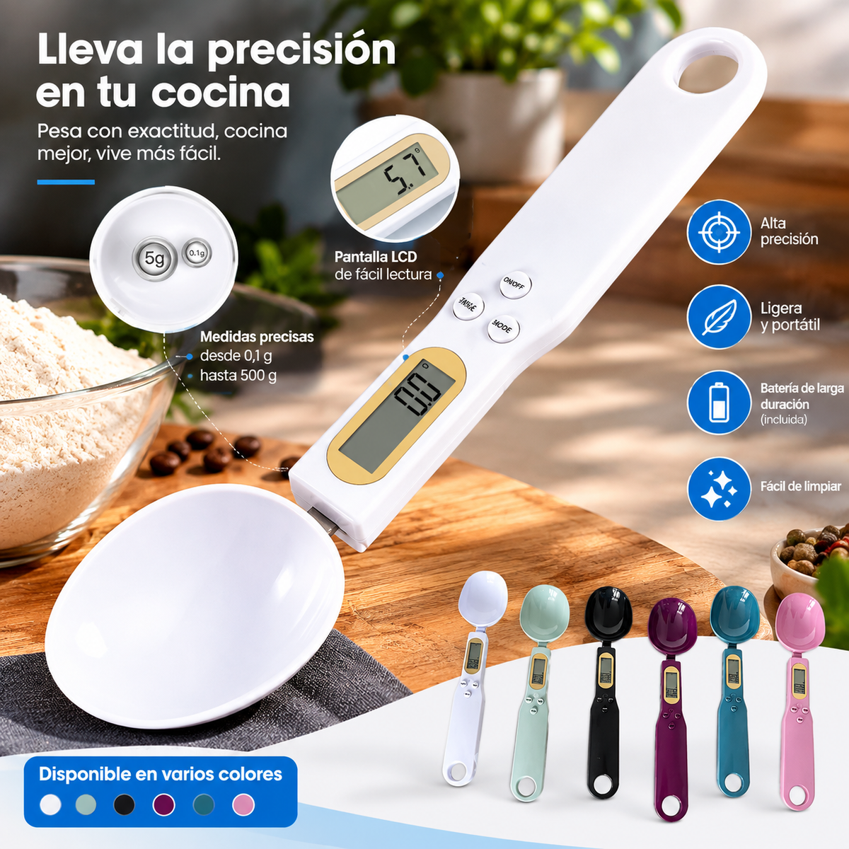 Balanza de cocina con cuchara medidora, balanza compacta para pesar alimentos secos y húmedos.