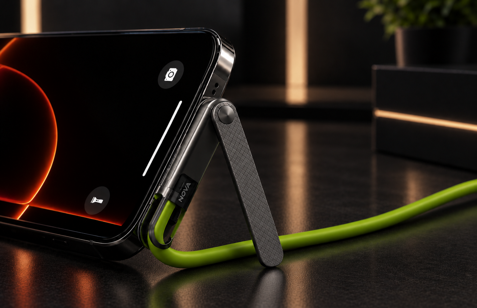 NOVA CHARGE conectado al móvil y usado como soporte plegable